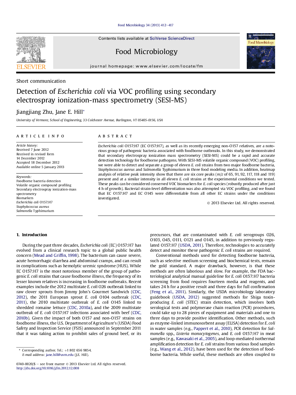 Detection of Escherichia coli via VOC profiling using secondary electrospray ionization-mass spectrometry (SESI-MS)