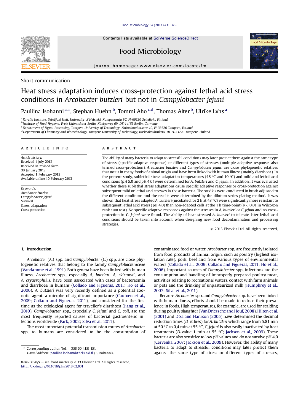 Heat stress adaptation induces cross-protection against lethal acid stress conditions in Arcobacter butzleri but not in Campylobacter jejuni