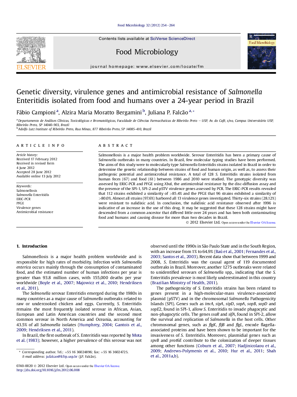 Genetic diversity, virulence genes and antimicrobial resistance of Salmonella Enteritidis isolated from food and humans over a 24-year period in Brazil