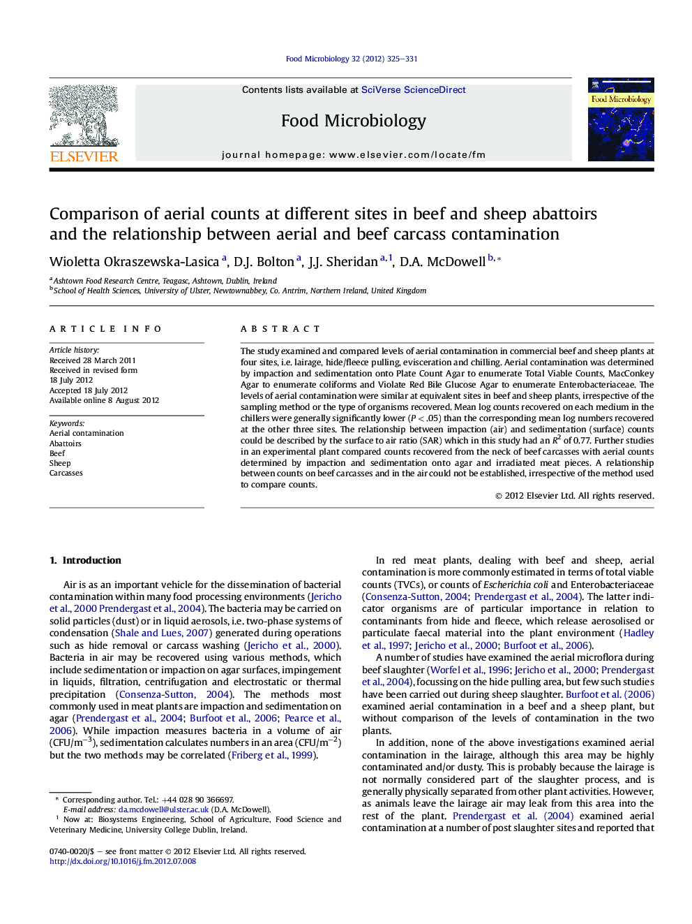 Comparison of aerial counts at different sites in beef and sheep abattoirs and the relationship between aerial and beef carcass contamination