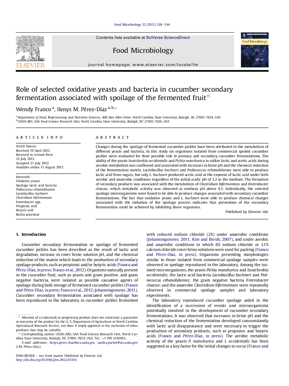 Role of selected oxidative yeasts and bacteria in cucumber secondary fermentation associated with spoilage of the fermented fruit