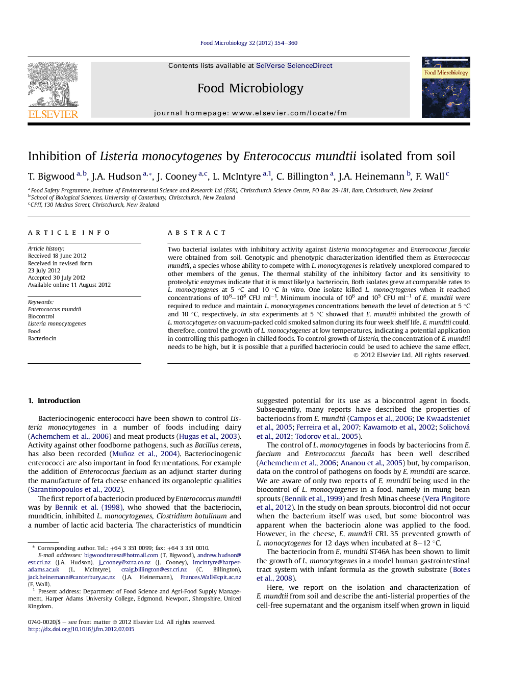 Inhibition of Listeria monocytogenes by Enterococcus mundtii isolated from soil