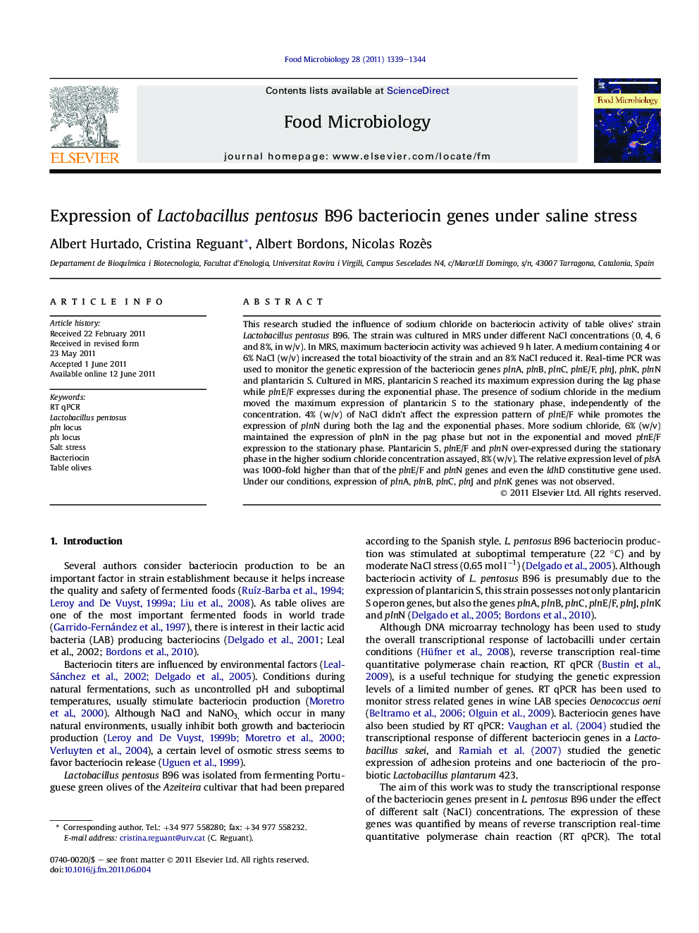 Expression of Lactobacillus pentosus B96 bacteriocin genes under saline stress