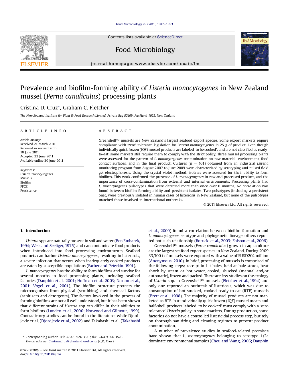 Prevalence and biofilm-forming ability of Listeria monocytogenes in New Zealand mussel (Perna canaliculus) processing plants