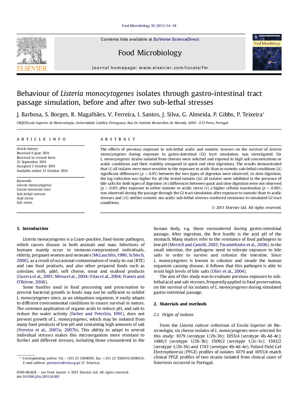 Behaviour of Listeria monocytogenes isolates through gastro-intestinal tract passage simulation, before and after two sub-lethal stresses