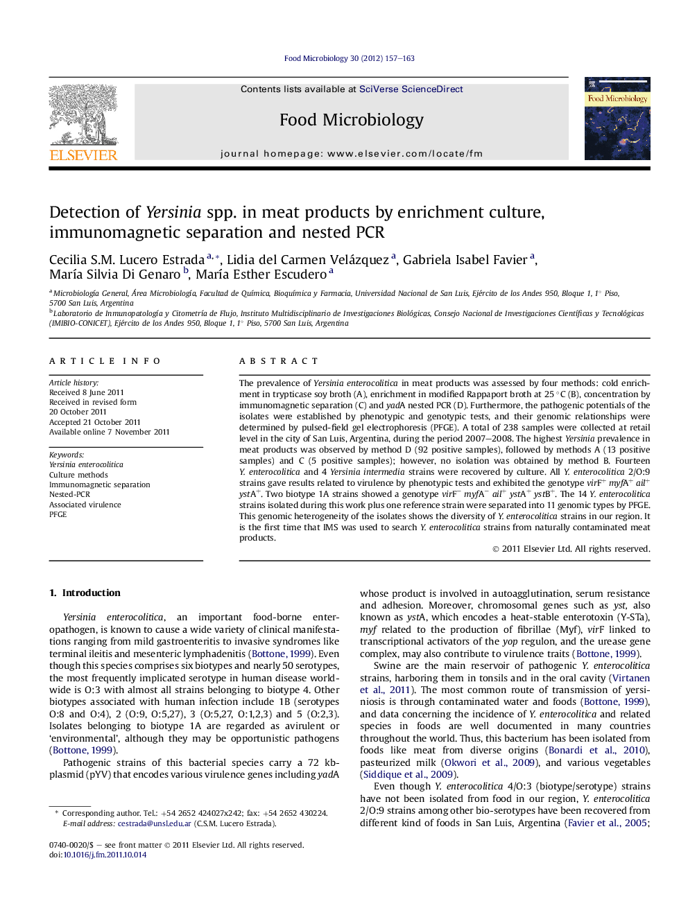 Detection of Yersinia spp. in meat products by enrichment culture, immunomagnetic separation and nested PCR