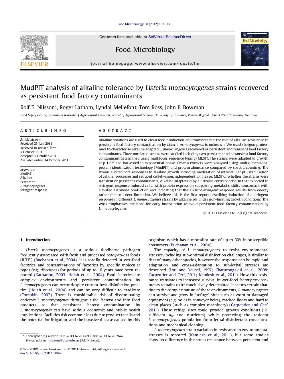 MudPIT analysis of alkaline tolerance by Listeria monocytogenes strains recovered as persistent food factory contaminants