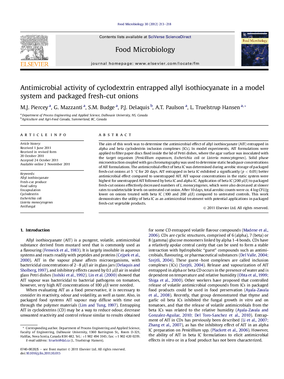 Antimicrobial activity of cyclodextrin entrapped allyl isothiocyanate in a model system and packaged fresh-cut onions