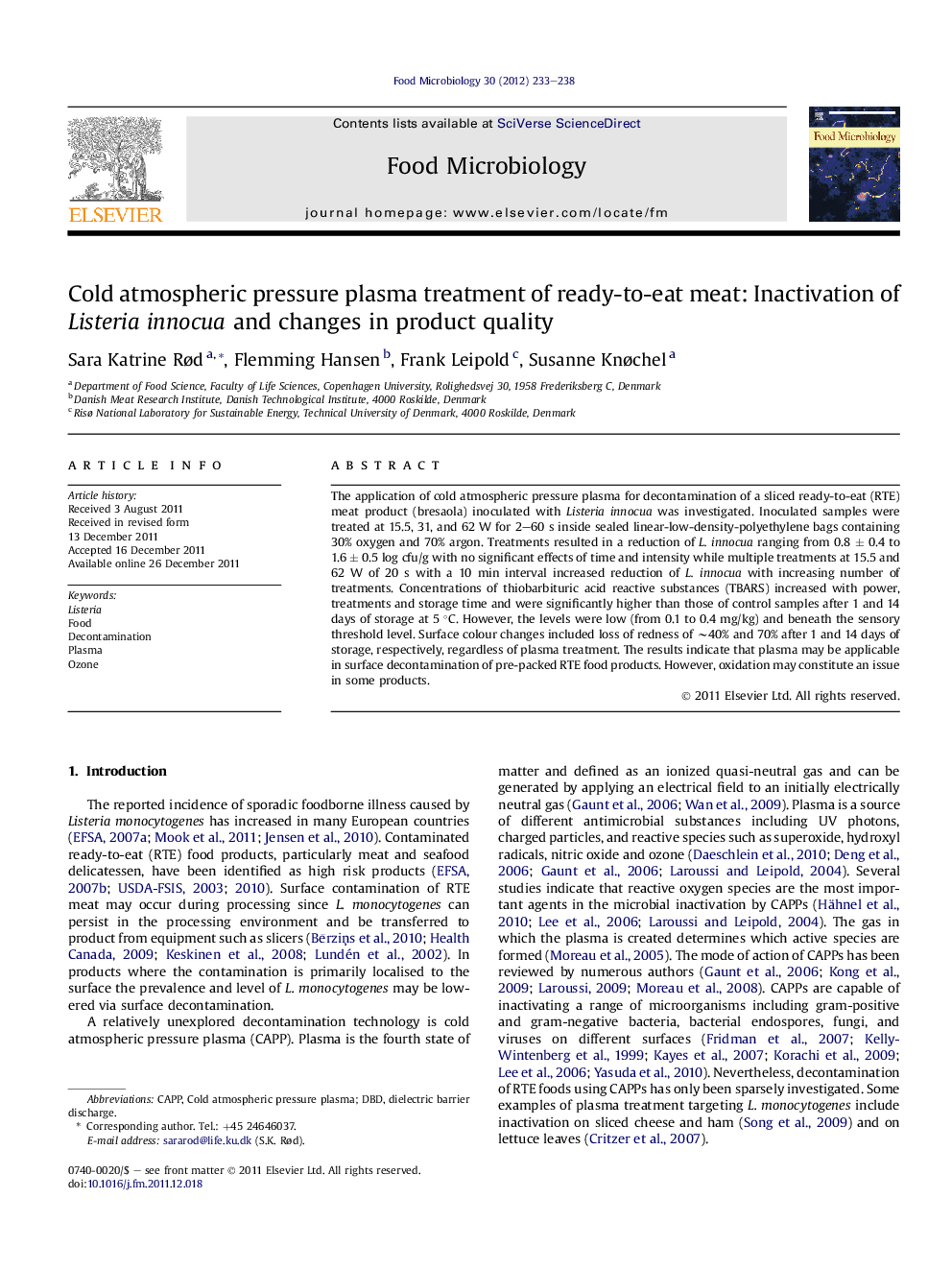 Cold atmospheric pressure plasma treatment of ready-to-eat meat: Inactivation of Listeria innocua and changes in product quality