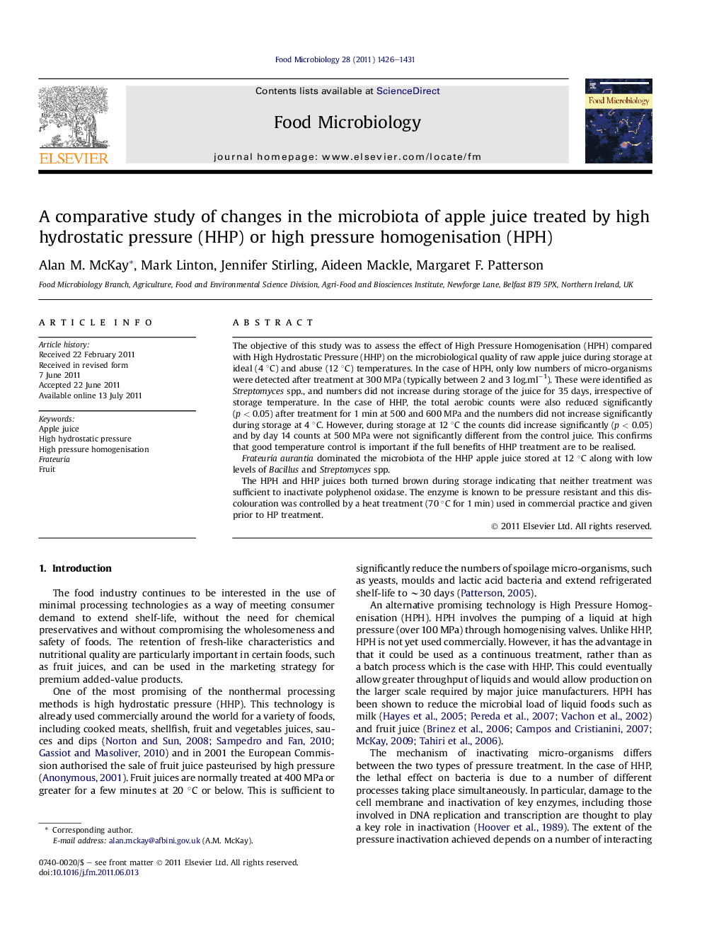 A comparative study of changes in the microbiota of apple juice treated by high hydrostatic pressure (HHP) or high pressure homogenisation (HPH)