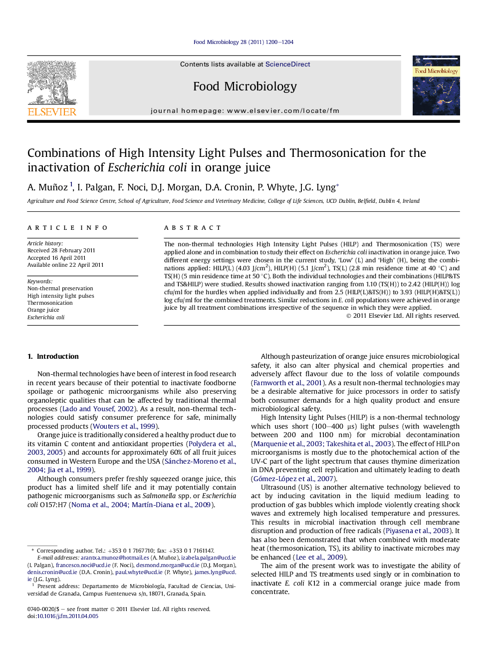 Combinations of High Intensity Light Pulses and Thermosonication for the inactivation of Escherichia coli in orange juice