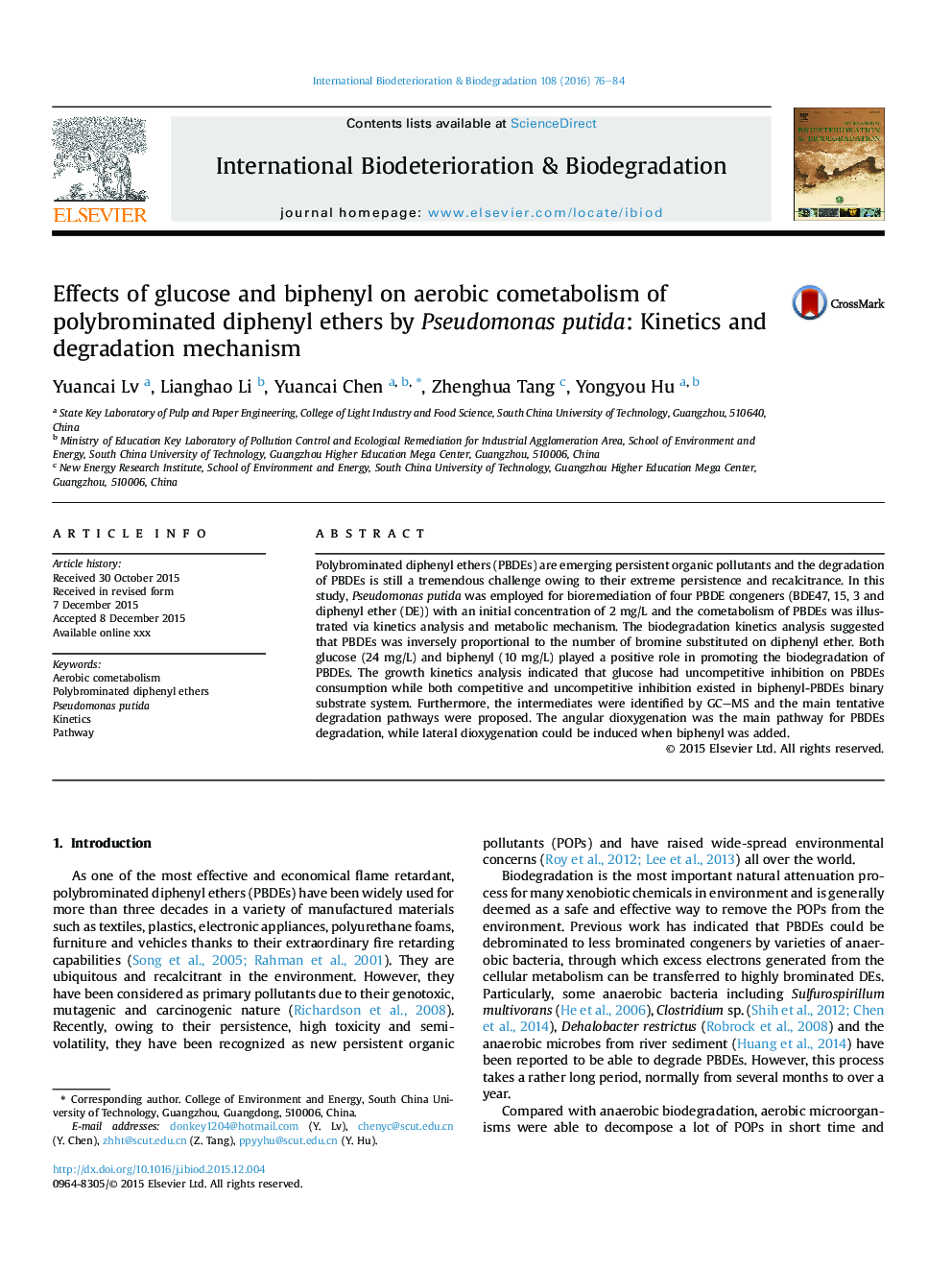 Effects of glucose and biphenyl on aerobic cometabolism of polybrominated diphenyl ethers by Pseudomonas putida: Kinetics and degradation mechanism