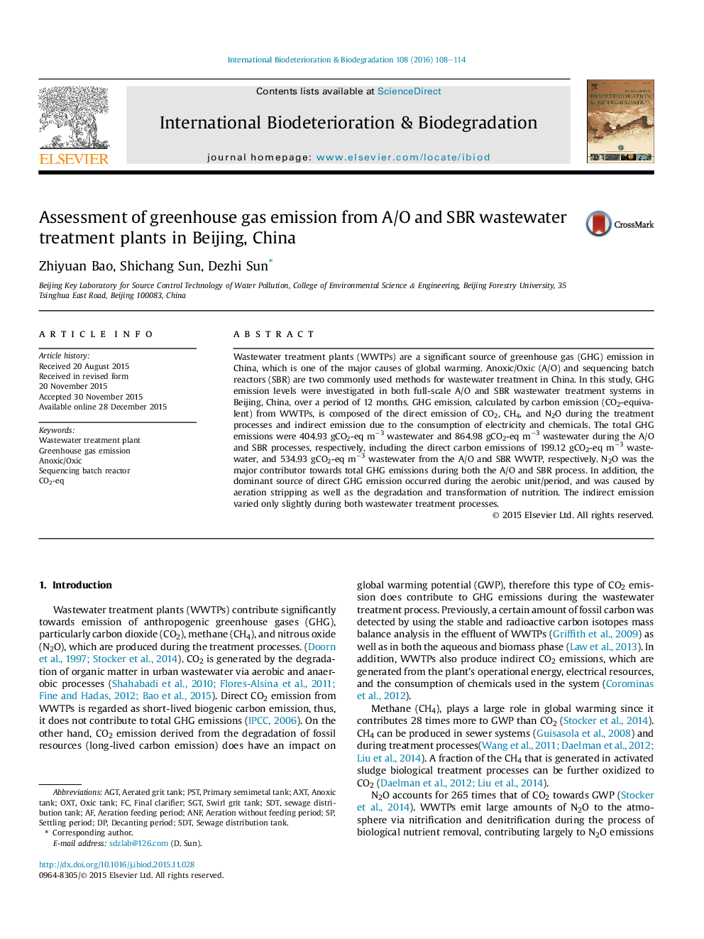 Assessment of greenhouse gas emission from A/O and SBR wastewater treatment plants in Beijing, China