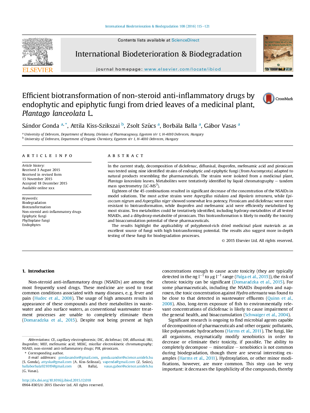 Efficient biotransformation of non-steroid anti-inflammatory drugs by endophytic and epiphytic fungi from dried leaves of a medicinal plant, Plantago lanceolata L.