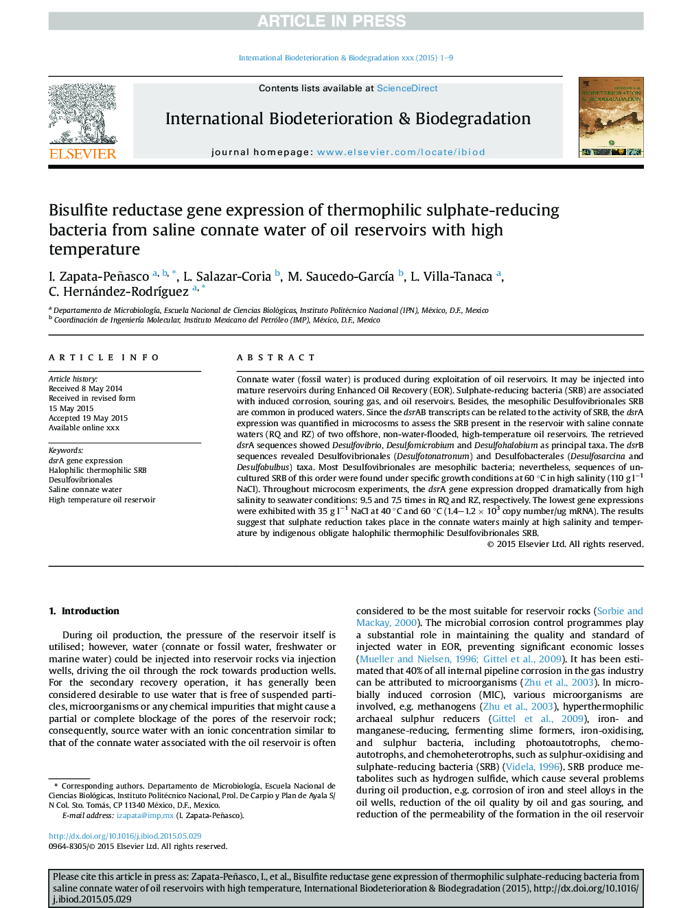 Bisulfite reductase gene expression of thermophilic sulphate-reducing bacteria from saline connate water of oil reservoirs with high temperature