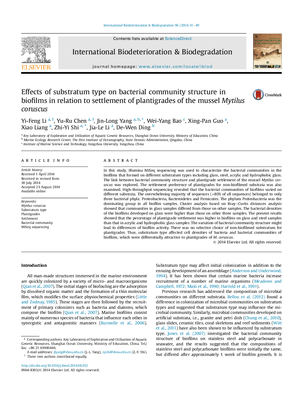 Effects of substratum type on bacterial community structure in biofilms in relation to settlement of plantigrades of the mussel Mytilus coruscus