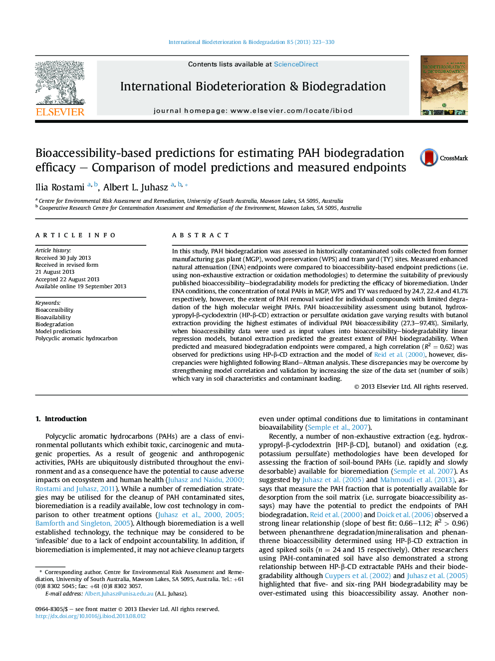 Bioaccessibility-based predictions for estimating PAH biodegradation efficacy - Comparison of model predictions and measured endpoints