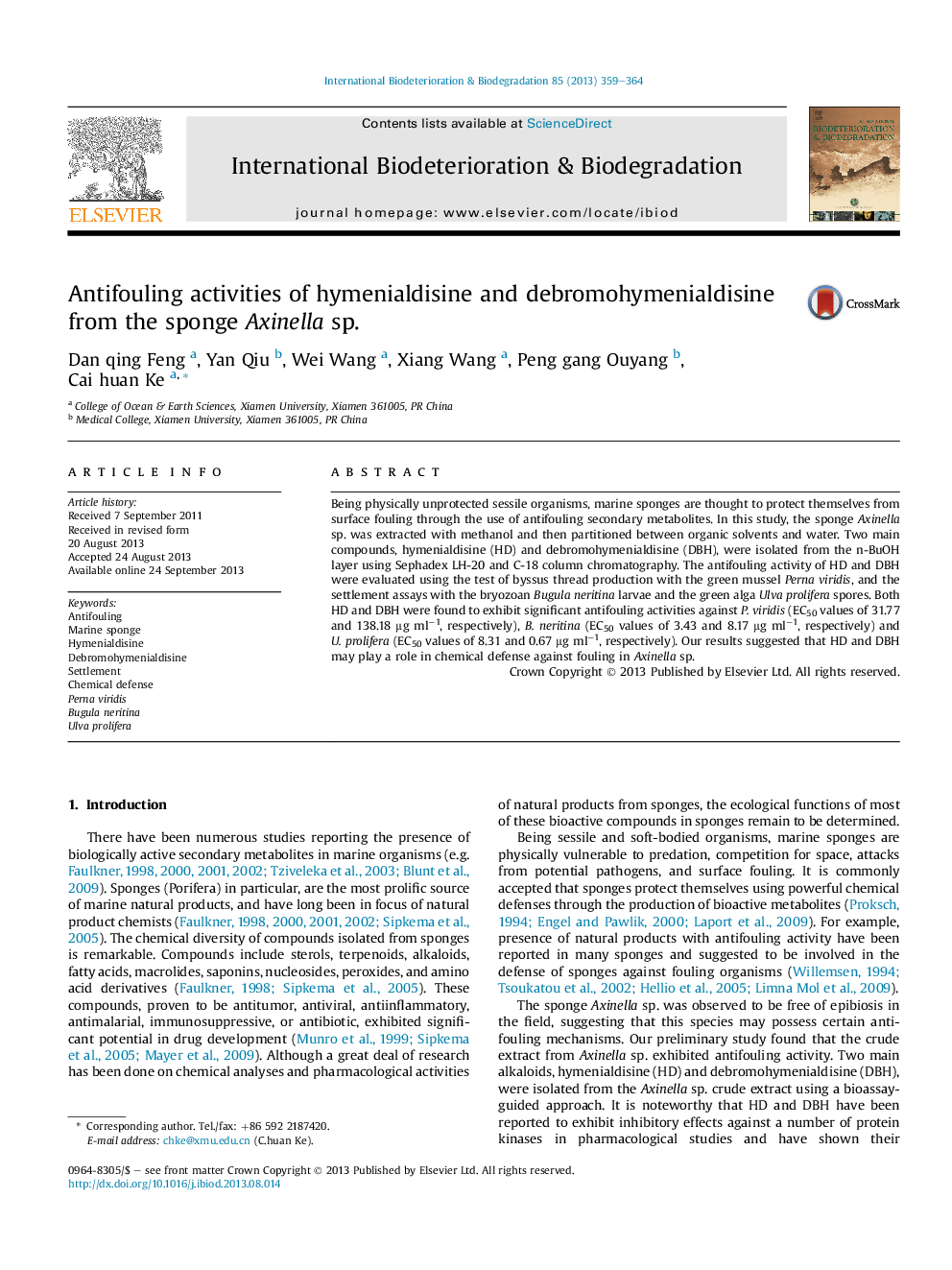 Antifouling activities of hymenialdisine and debromohymenialdisine from the sponge Axinella sp.