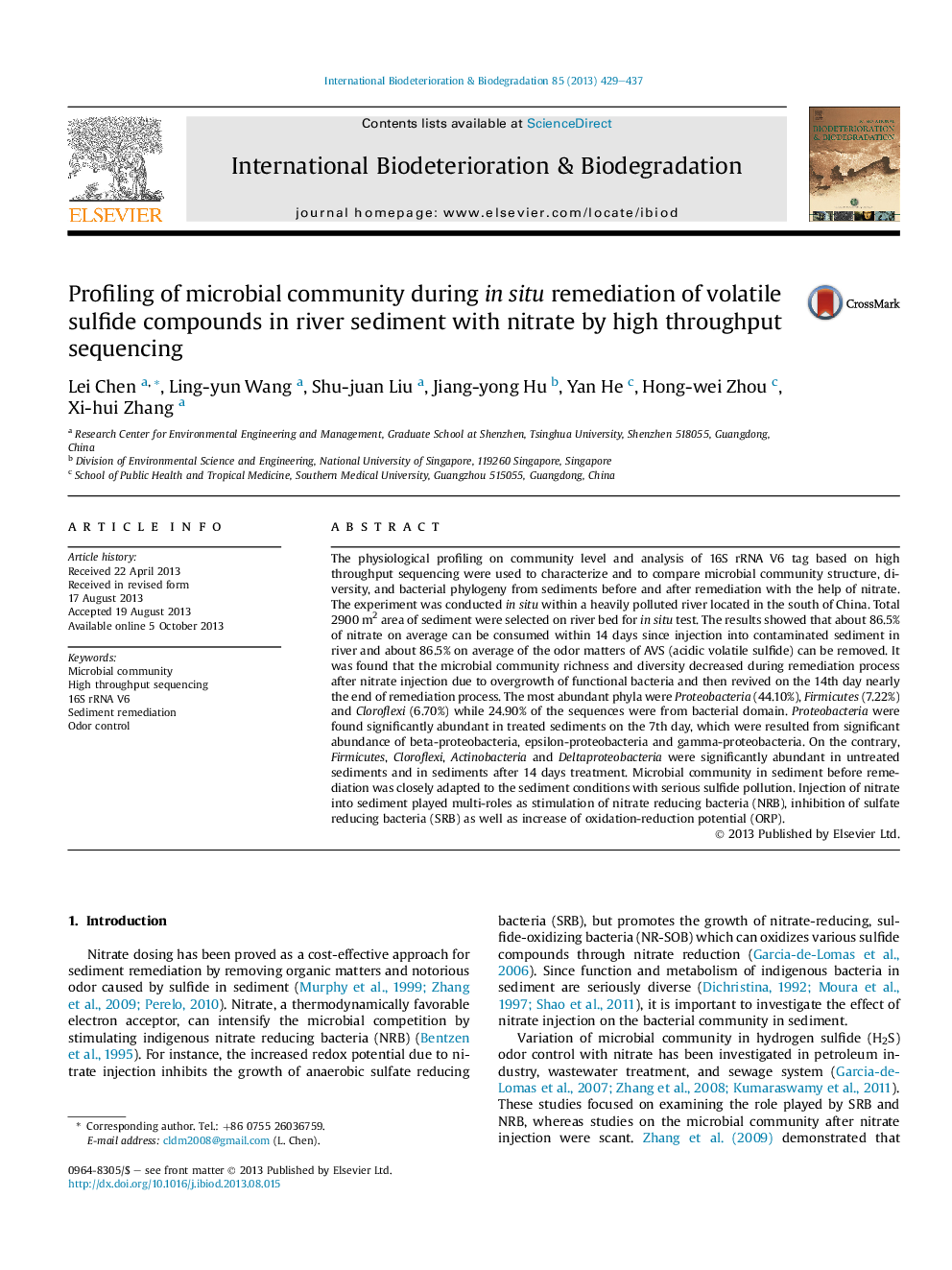 نمایه سازی جامعه میکروبی در حین جابجایی مجدد ترکیبات سولفیدی فرار در رسوبات رودخانه با نیترات با توالی انتخابی بالا 