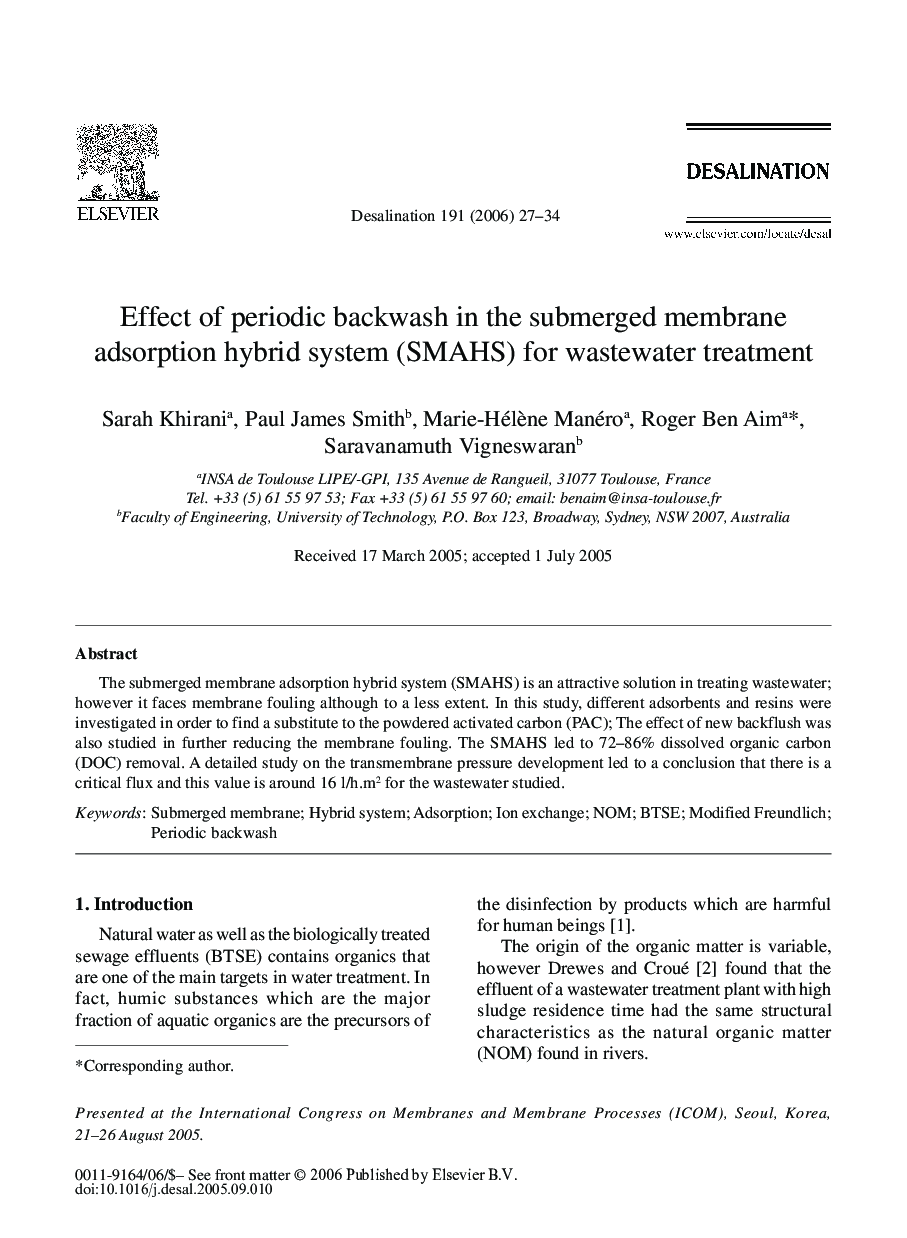 Effect of periodic backwash in the submerged membrane adsorption hybrid system (SMAHS) for wastewater treatment