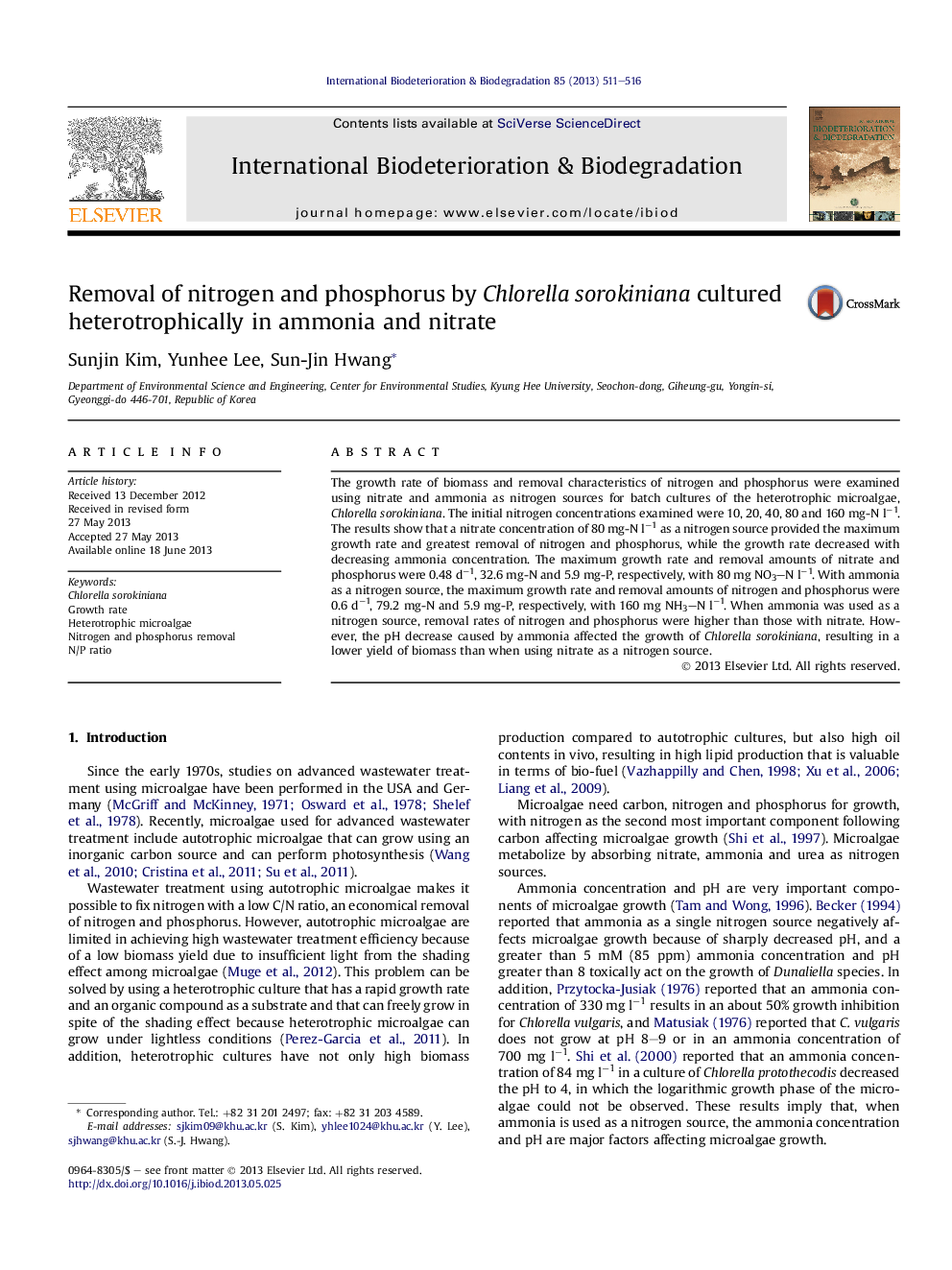 Removal of nitrogen and phosphorus by Chlorella sorokiniana cultured heterotrophically in ammonia and nitrate