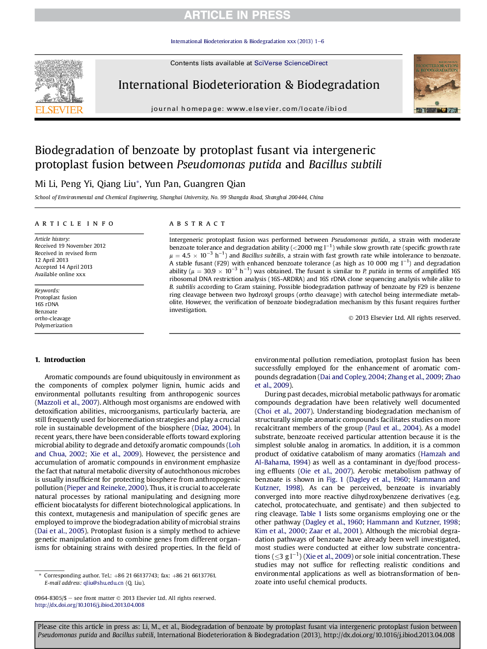 Biodegradation of benzoate by protoplast fusant via intergeneric protoplast fusion between Pseudomonas putida and Bacillus subtili