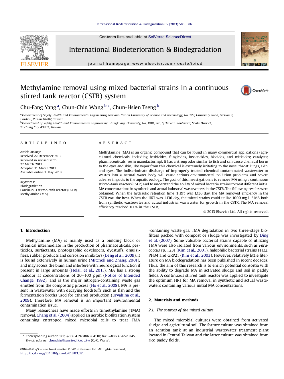Methylamine removal using mixed bacterial strains in a continuous stirred tank reactor (CSTR) system