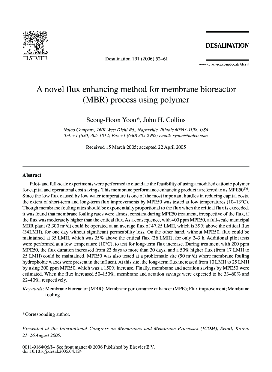A novel flux enhancing method for membrane bioreactor (MBR) process using polymer