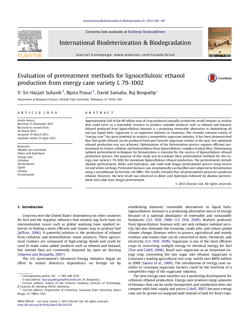 Evaluation of pretreatment methods for lignocellulosic ethanol production from energy cane variety L 79-1002