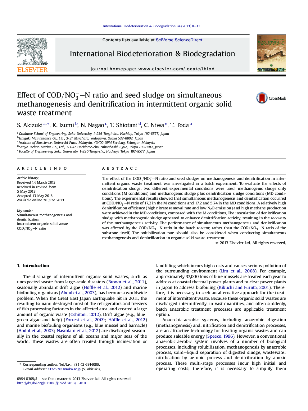 Effect of COD/NO3â-N ratio and seed sludge on simultaneous methanogenesis and denitrification in intermittent organic solid waste treatment