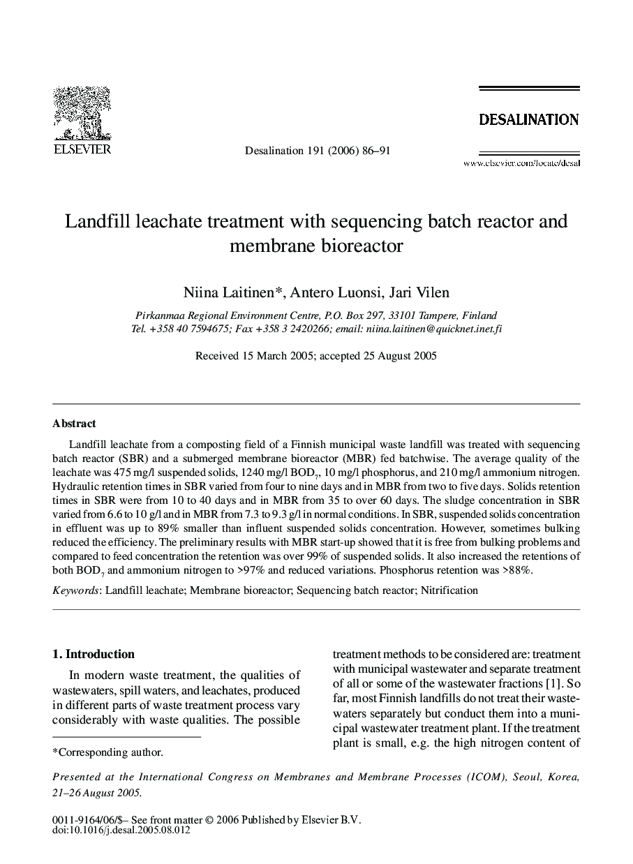 Landfill leachate treatment with sequencing batch reactor and membrane bioreactor