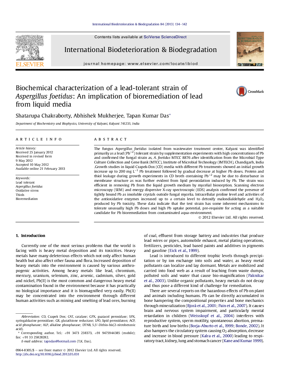 Biochemical characterization of a lead-tolerant strain of Aspergillus foetidus: AnÂ implication of bioremediation of lead from liquid media