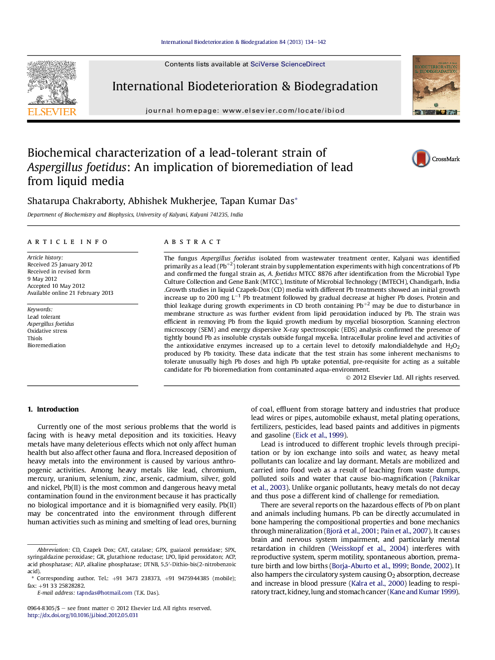 عکس صفحه اول مقاله: Biochemical characterization of a lead-tolerant strain of Aspergillus foetidus: An implication of bioremediation of lead from liquid media Biochemical characterization of a lead-tolerant strain of Aspergillus foetidus: An implication of bioremediation of lead from liquid media