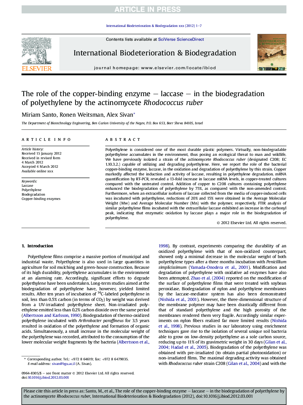 The role of the copper-binding enzyme - laccase - in the biodegradation of polyethylene by the actinomycete Rhodococcus ruber
