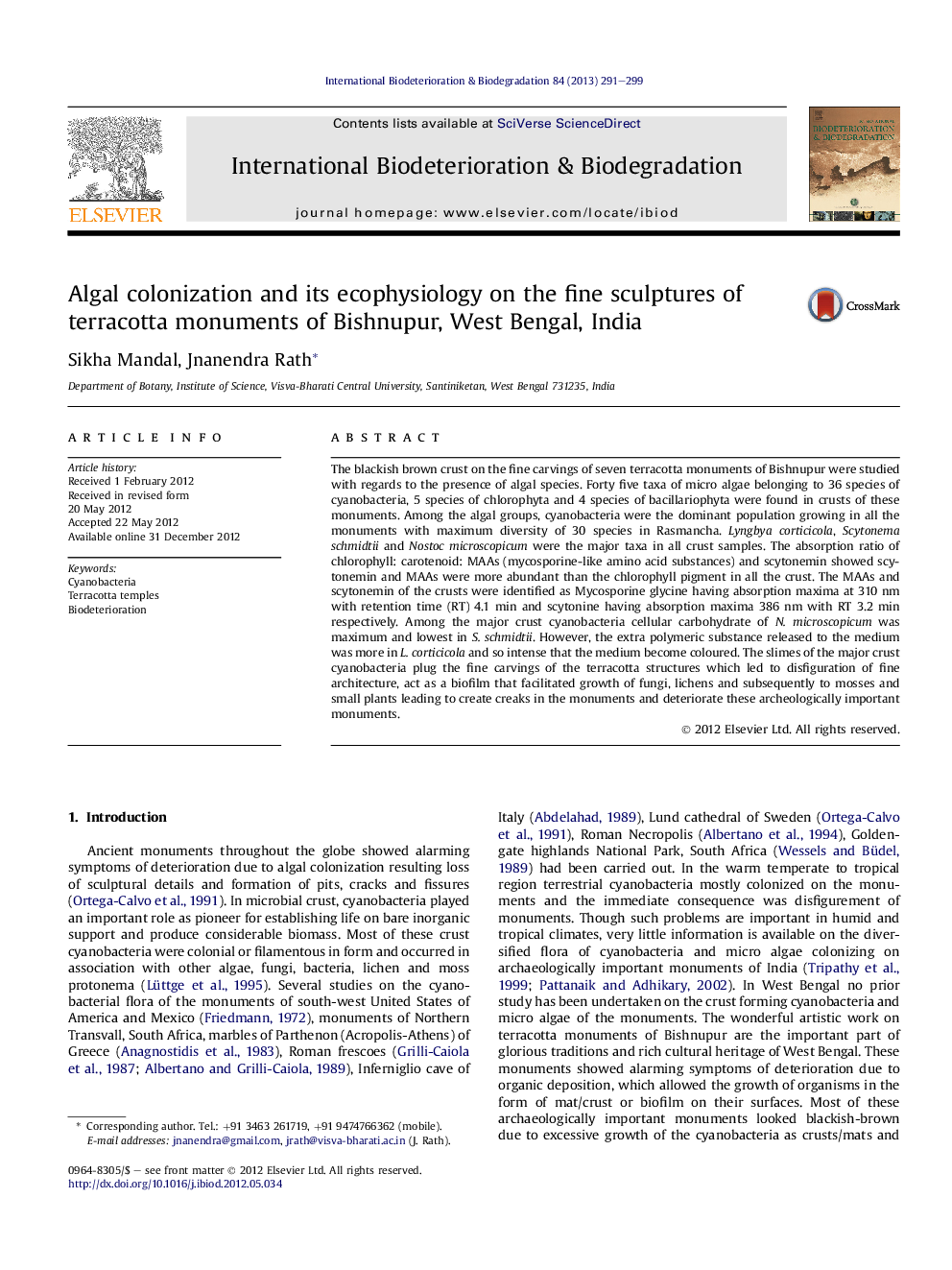 Algal colonization and its ecophysiology on the fine sculptures of terracotta monuments of Bishnupur, West Bengal, India