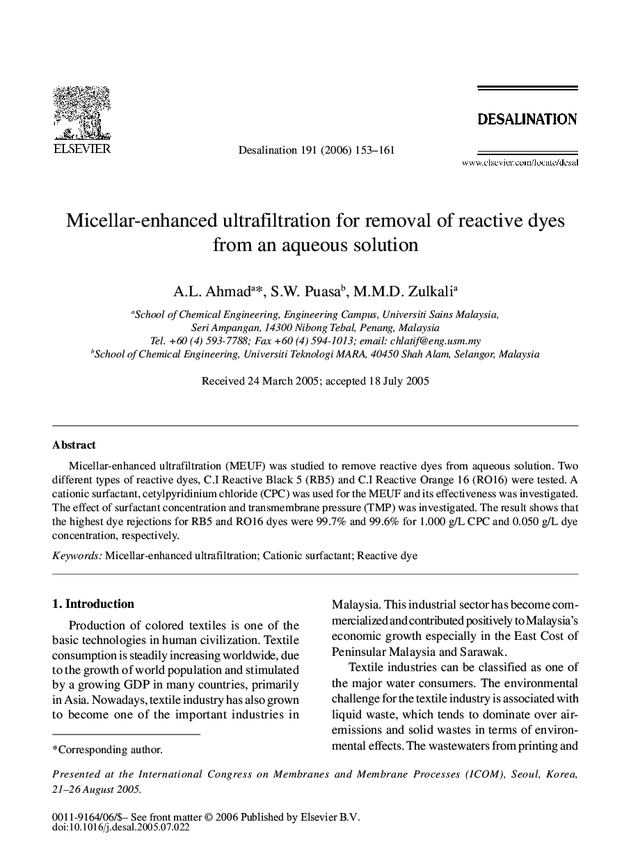 Micellar-enhanced ultrafiltration for removal of reactive dyes from an aqueous solution