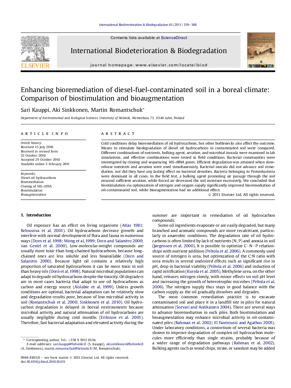 Enhancing bioremediation of diesel-fuel-contaminated soil in a boreal climate: Comparison of biostimulation and bioaugmentation