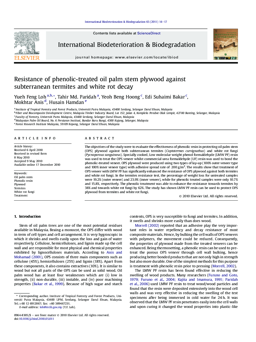 Resistance of phenolic-treated oil palm stem plywood against subterranean termites and white rot decay