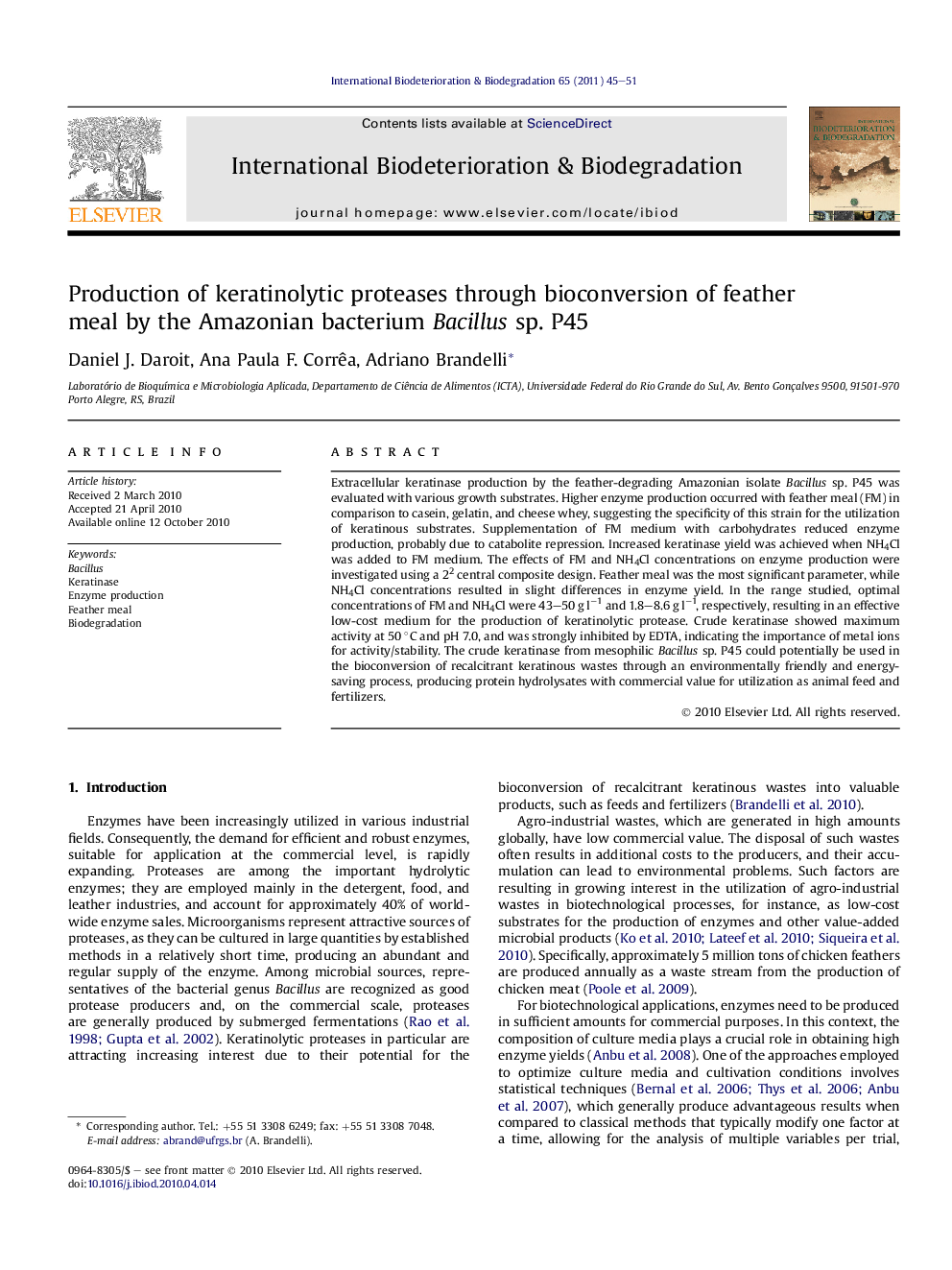 Production of keratinolytic proteases through bioconversion of feather meal by the Amazonian bacterium Bacillus sp. P45