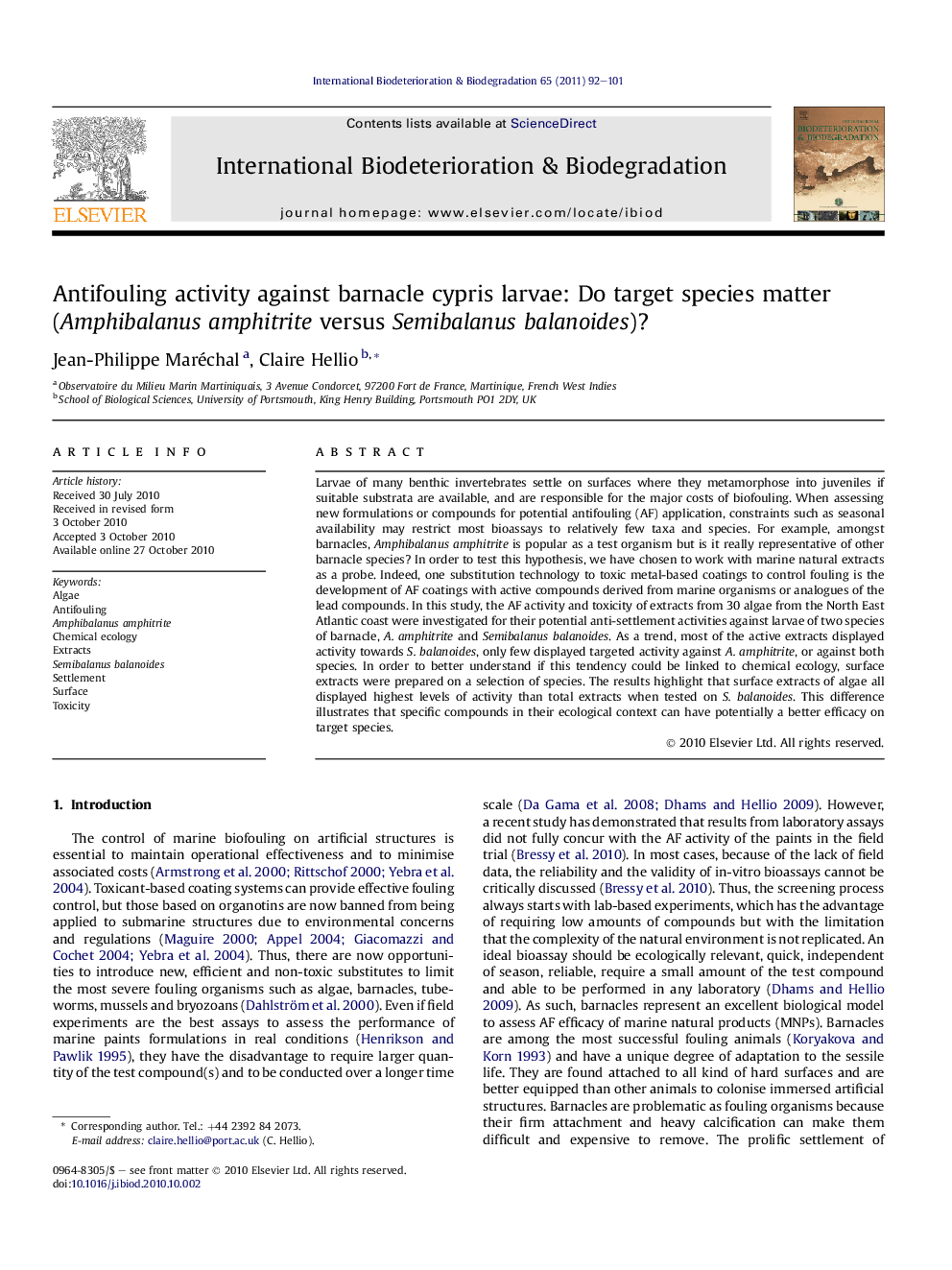 Antifouling activity against barnacle cypris larvae: Do target species matter (Amphibalanus amphitrite versus Semibalanus balanoides)?