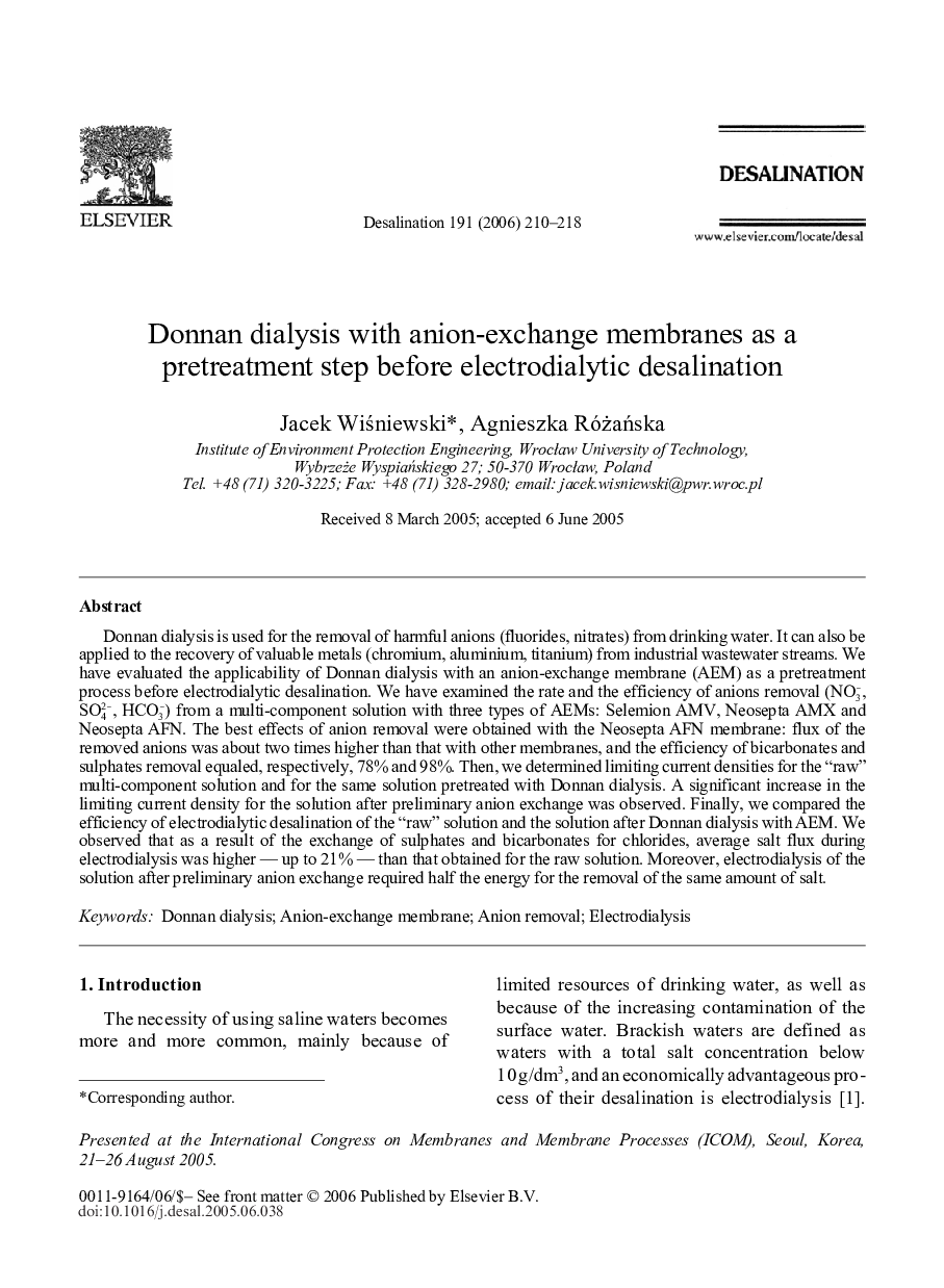 Donnan dialysis with anion-exchange membranes as a pretreatment step before electrodialytic desalination