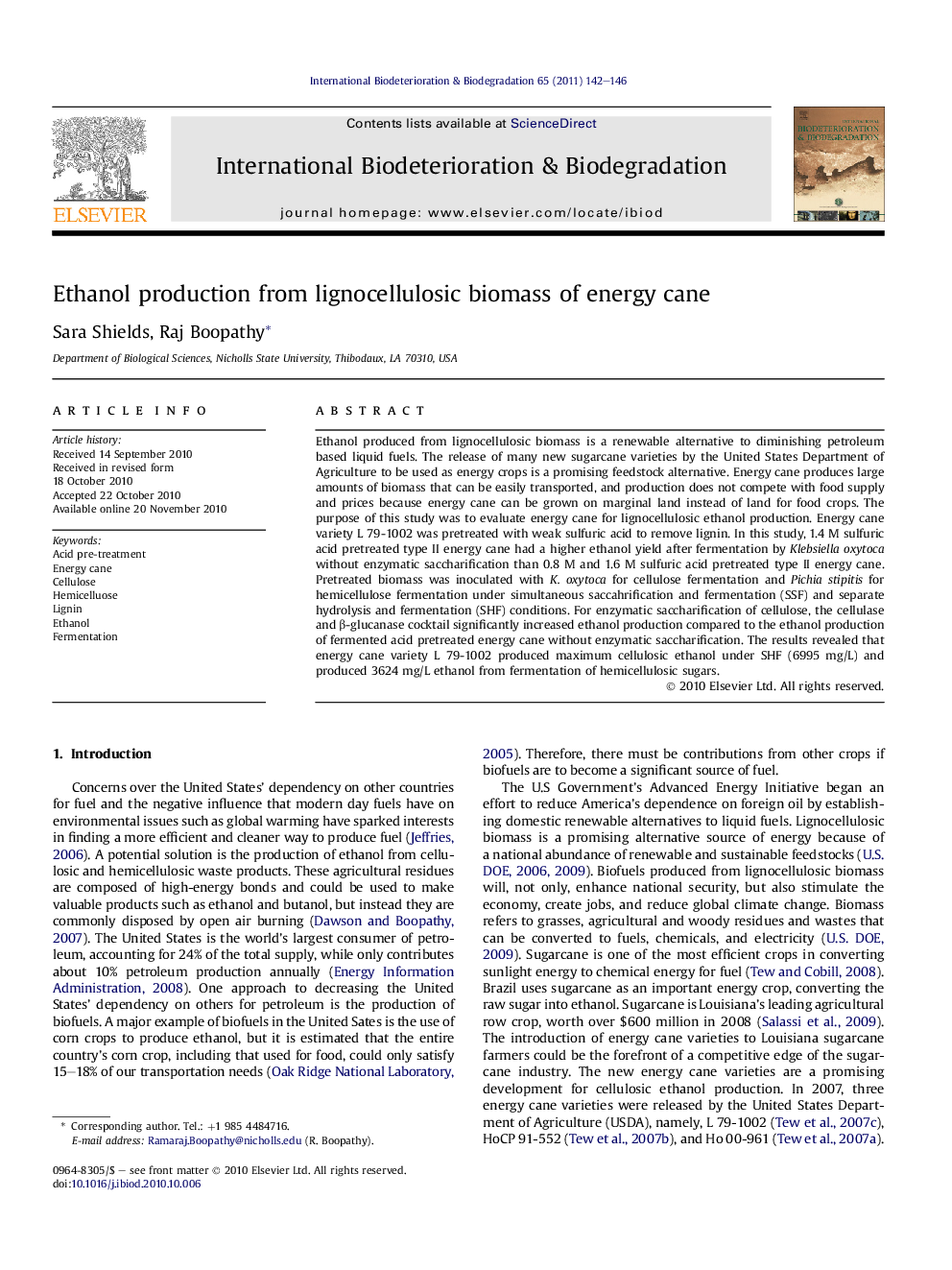 Ethanol production from lignocellulosic biomass of energy cane