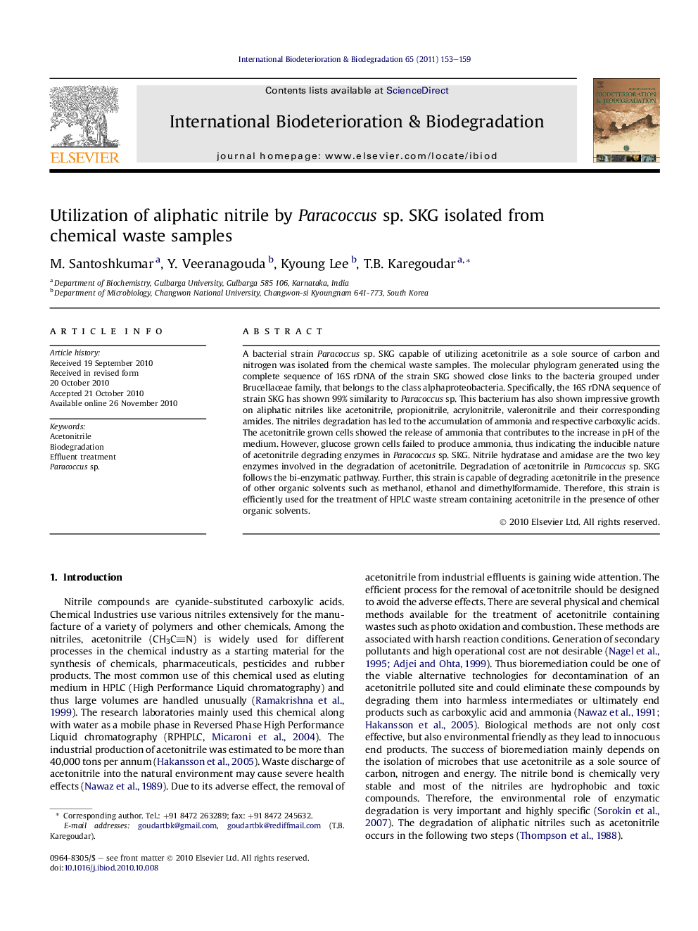 Utilization of aliphatic nitrile by Paracoccus sp. SKG isolated from chemical waste samples