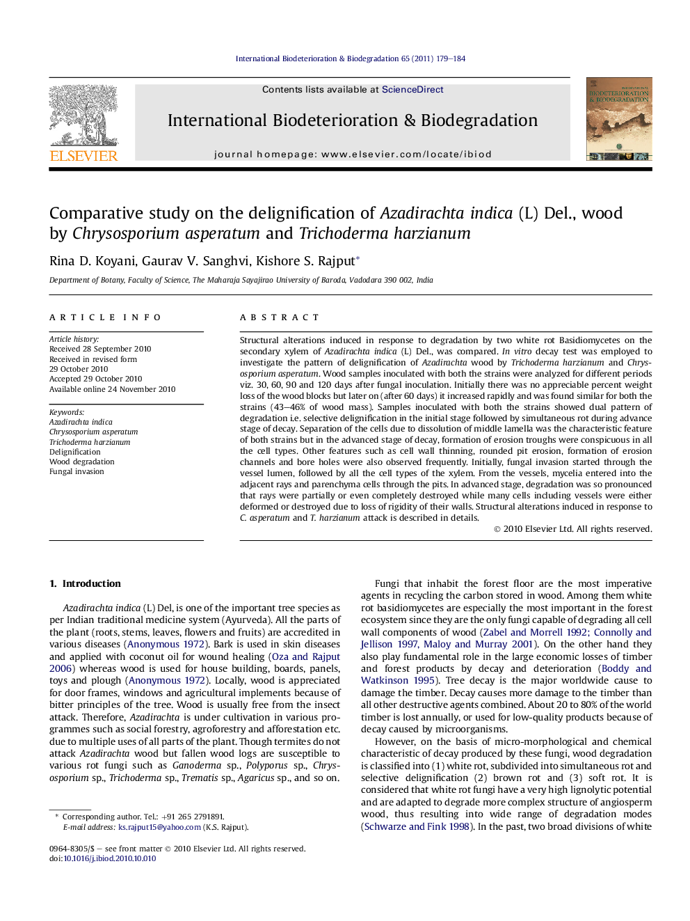 Comparative study on the delignification of Azadirachta indica (L) Del., wood by Chrysosporium asperatum and Trichoderma harzianum