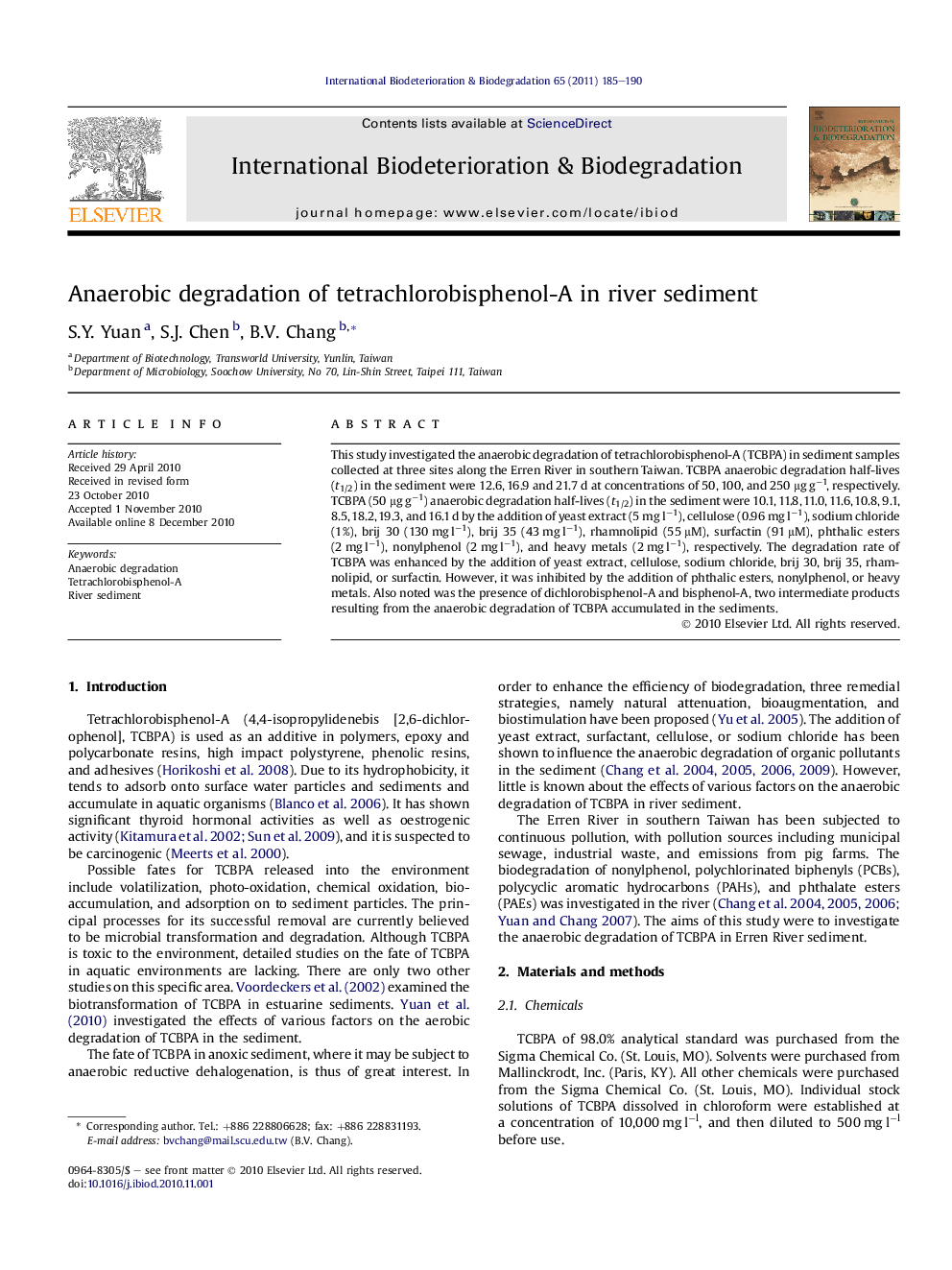 Anaerobic degradation of tetrachlorobisphenol-A in river sediment