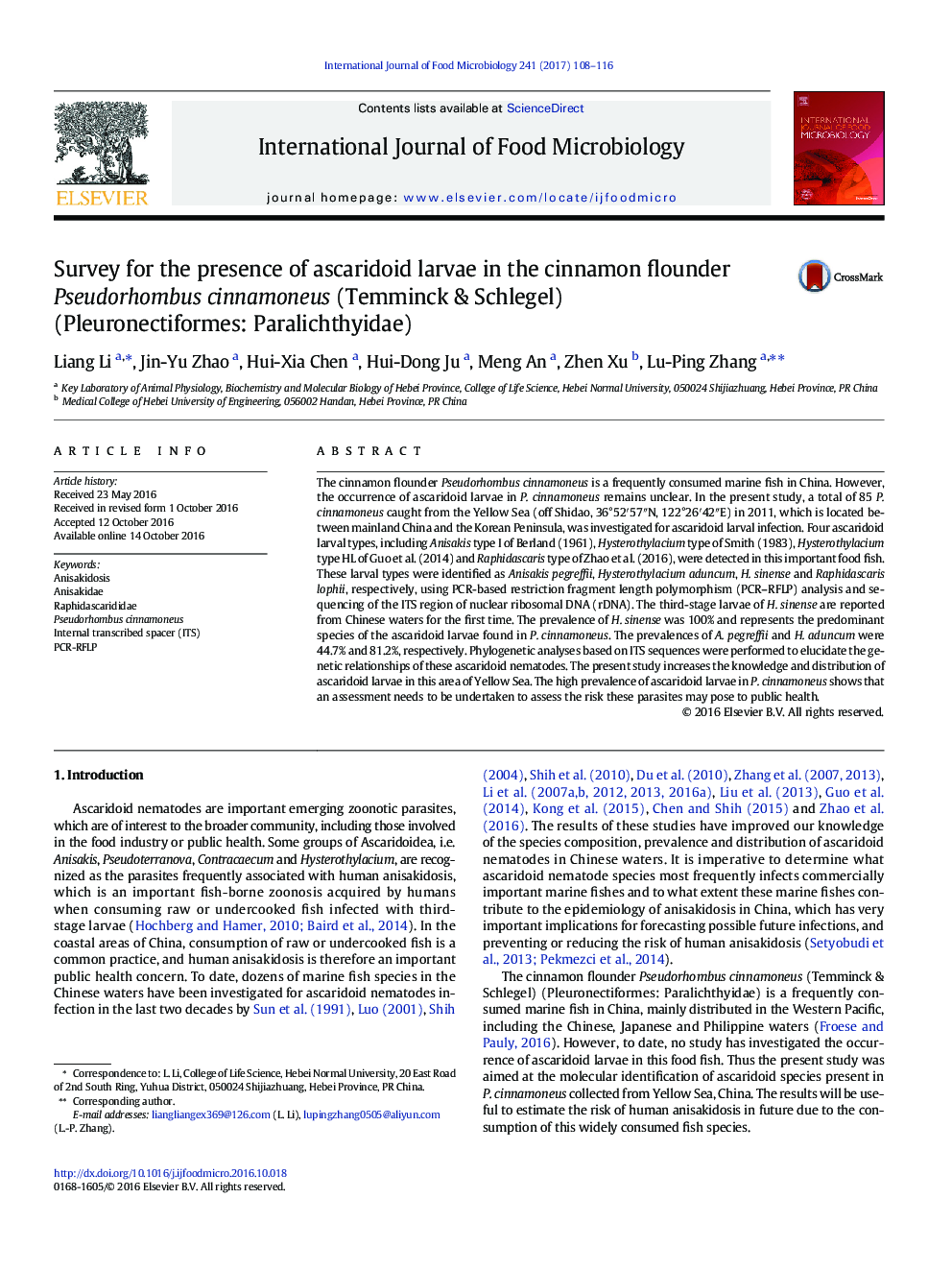 Survey for the presence of ascaridoid larvae in the cinnamon flounder Pseudorhombus cinnamoneus (Temminck & Schlegel) (Pleuronectiformes: Paralichthyidae)