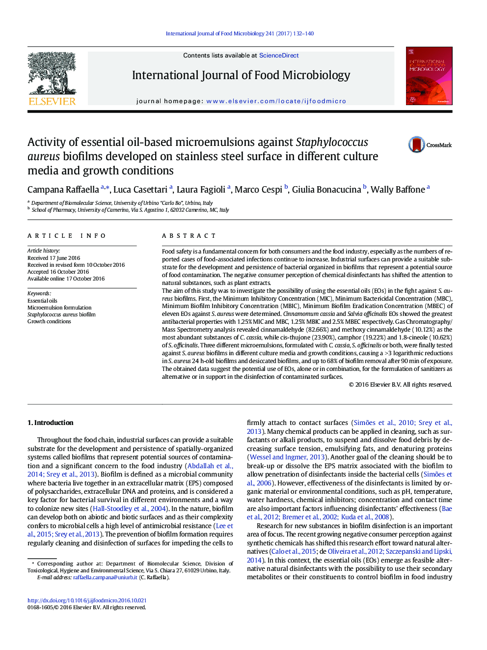 Activity of essential oil-based microemulsions against Staphylococcus aureus biofilms developed on stainless steel surface in different culture media and growth conditions