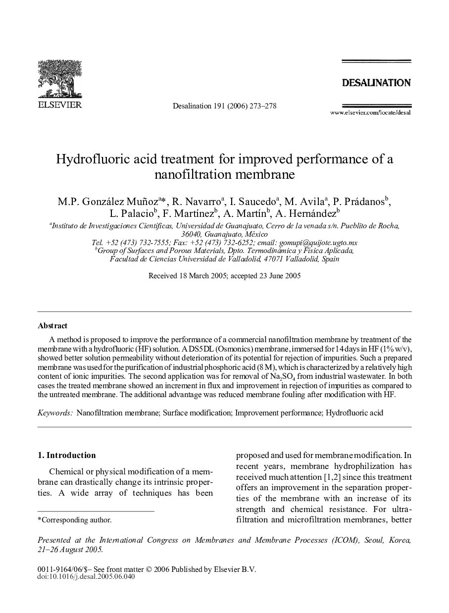 Hydrofluoric acid treatment for improved performance of a nanofiltration membrane