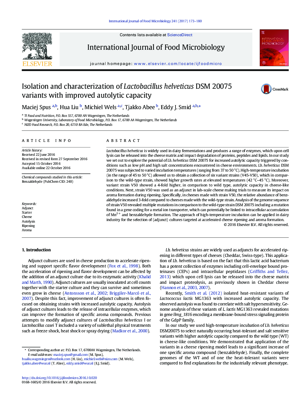 Isolation and characterization of Lactobacillus helveticus DSM 20075 variants with improved autolytic capacity