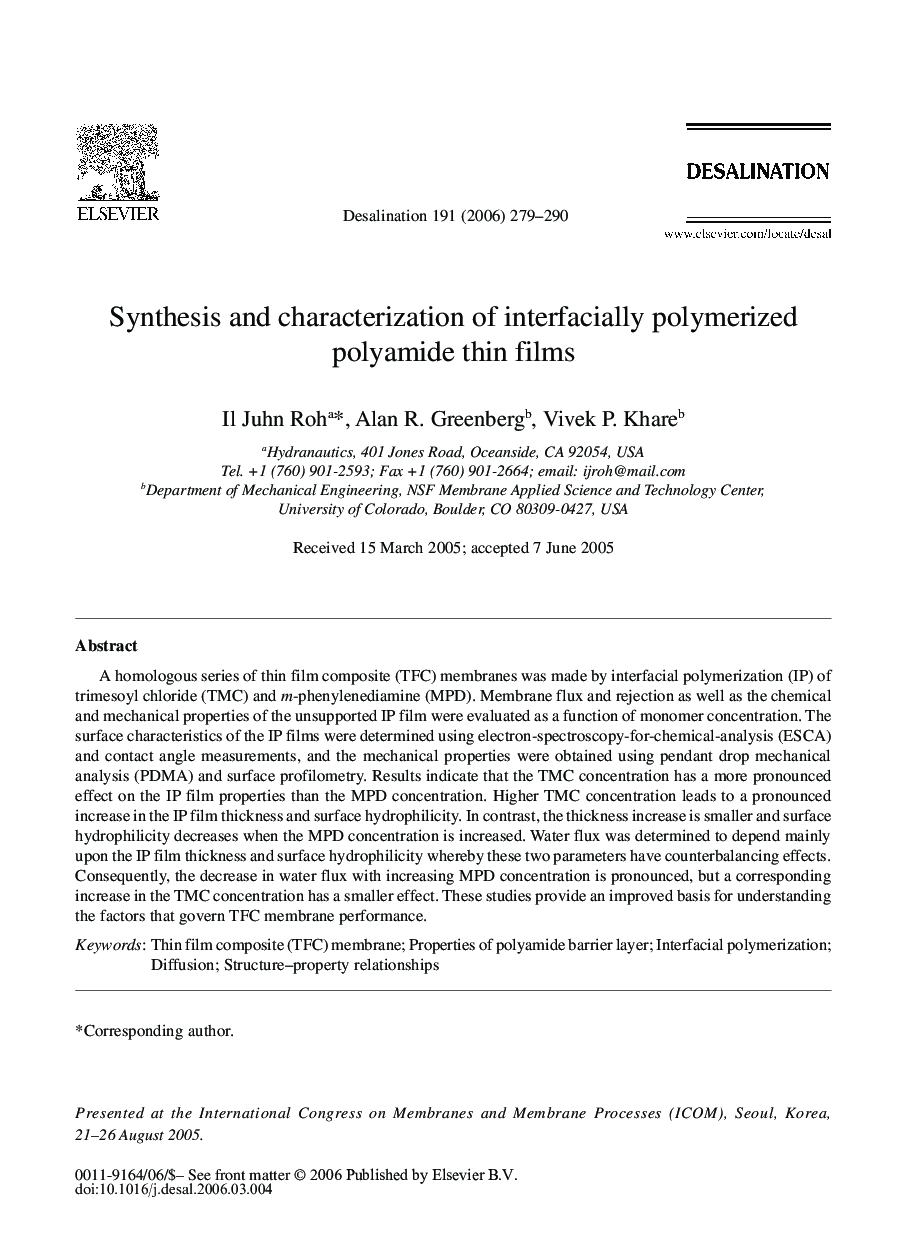 Synthesis and characterization of interfacially polymerized polyamide thin films